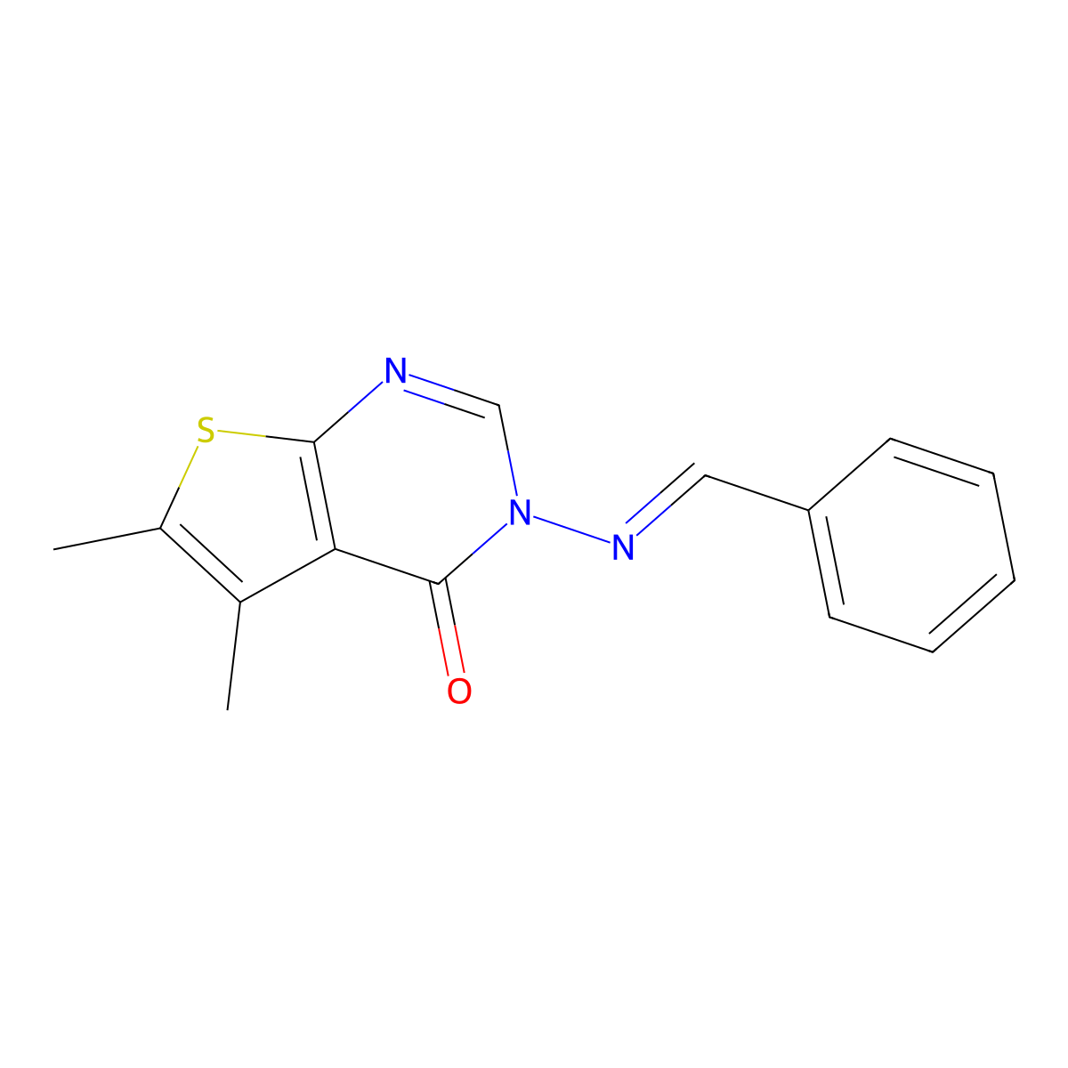 5,6-Dimethyl-3-[(phenylmethylene)amino]thieno[2,3-d]pyrimidin-4(3H)-one molecular structure, CAS 314260-33-8