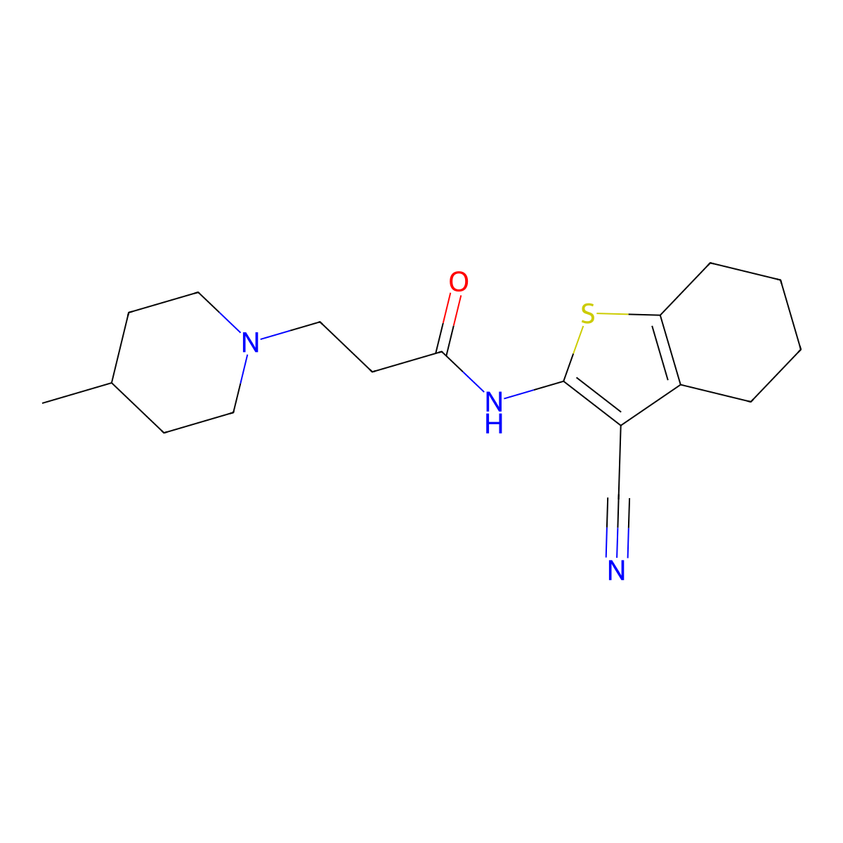 N-(3-cyano-4,5,6,7-tetrahydro-1-benzothiophen-2-yl)-3-(4-methylpiperidin-1-yl)propanamide molecular structure, CAS 314260-41-8