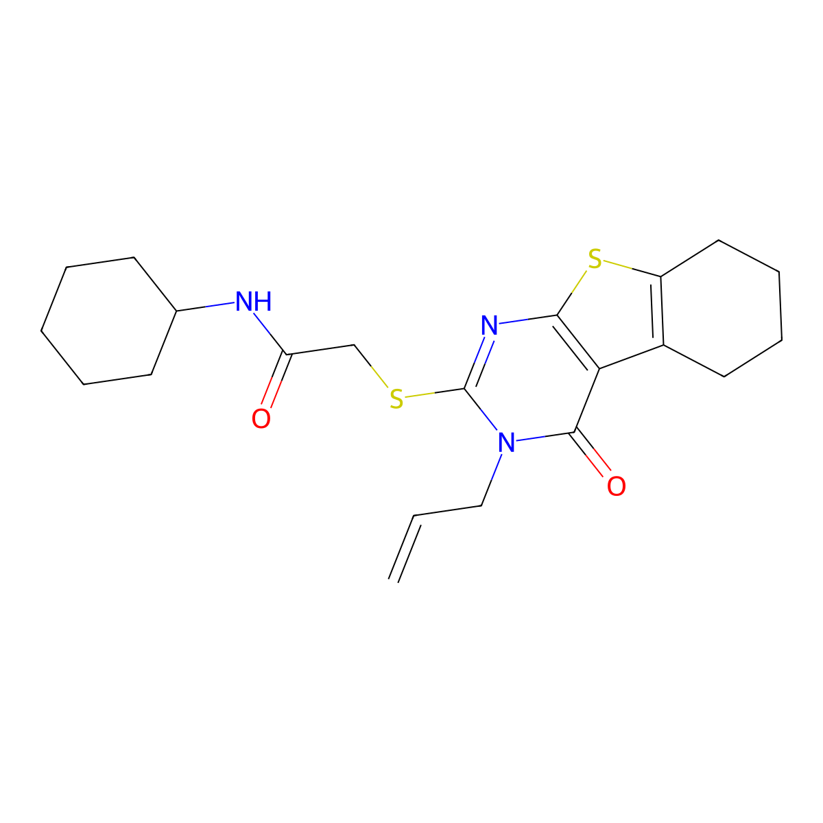 N-cyclohexyl-2-[(4-oxo-3-prop-2-enyl-5,6,7,8-tetrahydro-[1]benzothiolo[2,3-d]pyrimidin-2-yl)sulfanyl]acetamide molecular structure, CAS 314260-46-3