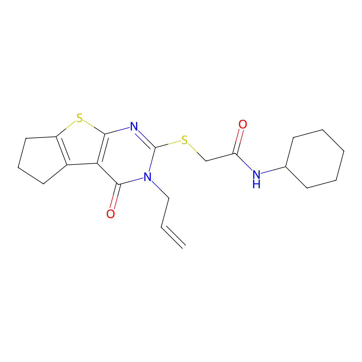 N-cyclohexyl-2-{[12-oxo-11-(prop-2-en-1-yl)-7-thia-9,11-diazatricyclo[6.4.0.0^{2,6}]dodeca-1(8),2(6),9-trien-10-yl]sulfanyl}acetamide molecular structure, CAS 314260-59-8