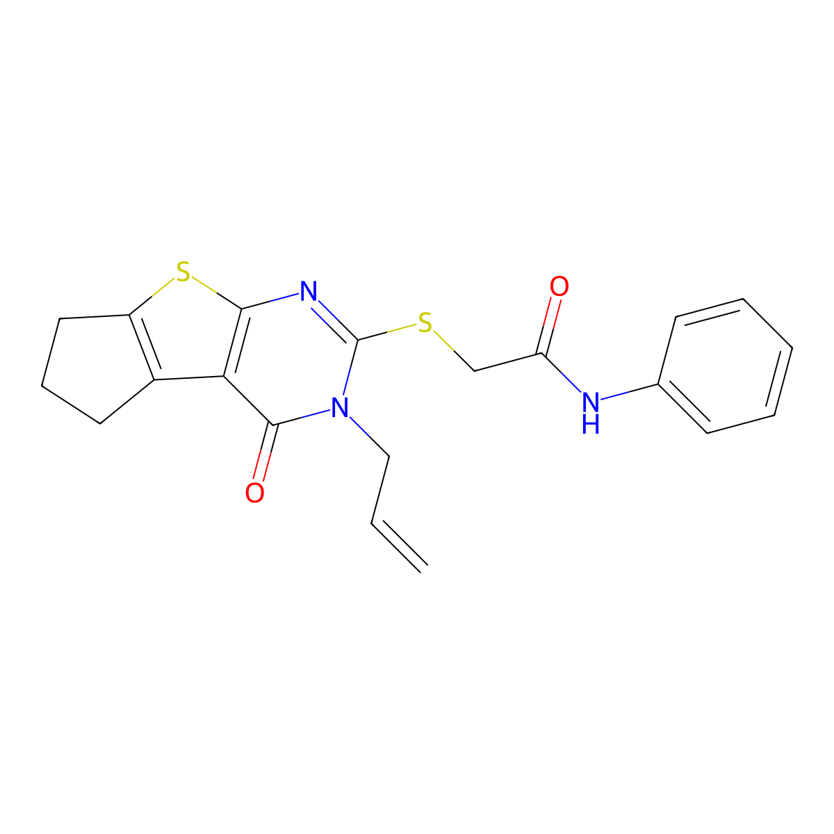2-{[12-oxo-11-(prop-2-en-1-yl)-7-thia-9,11-diazatricyclo[6.4.0.0^{2,6}]dodeca-1(8),2(6),9-trien-10-yl]sulfanyl}-N-phenylacetamide molecular structure, CAS 314260-60-1