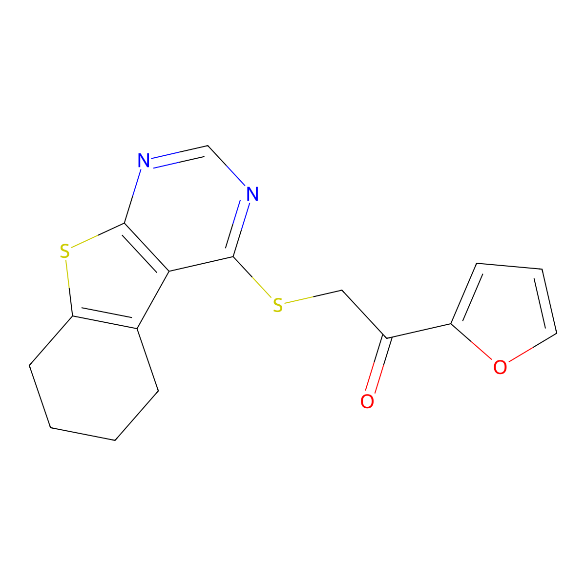 1-(Furan-2-yl)-2-(5,6,7,8-tetrahydro-[1]benzothiolo[2,3-d]pyrimidin-4-ylsulfanyl)ethanone molecular structure, CAS 314260-83-8