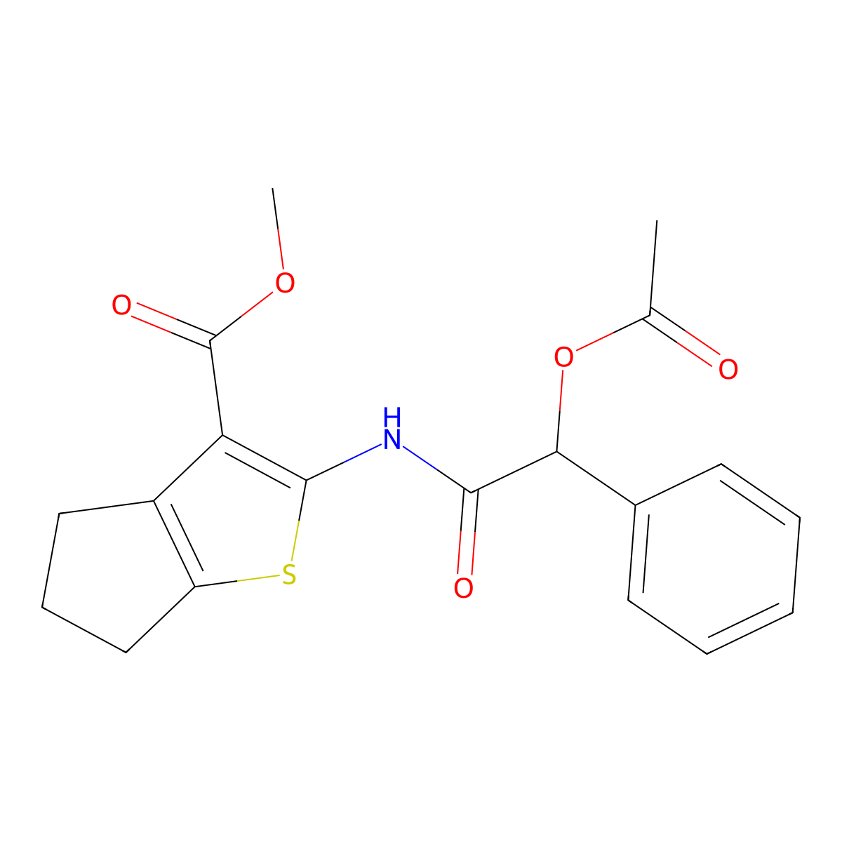 methyl 2-{[(acetyloxy)(phenyl)acetyl]amino}-5,6-dihydro-4H-cyclopenta[b]thiophene-3-carboxylate molecular structure, CAS 314260-94-1