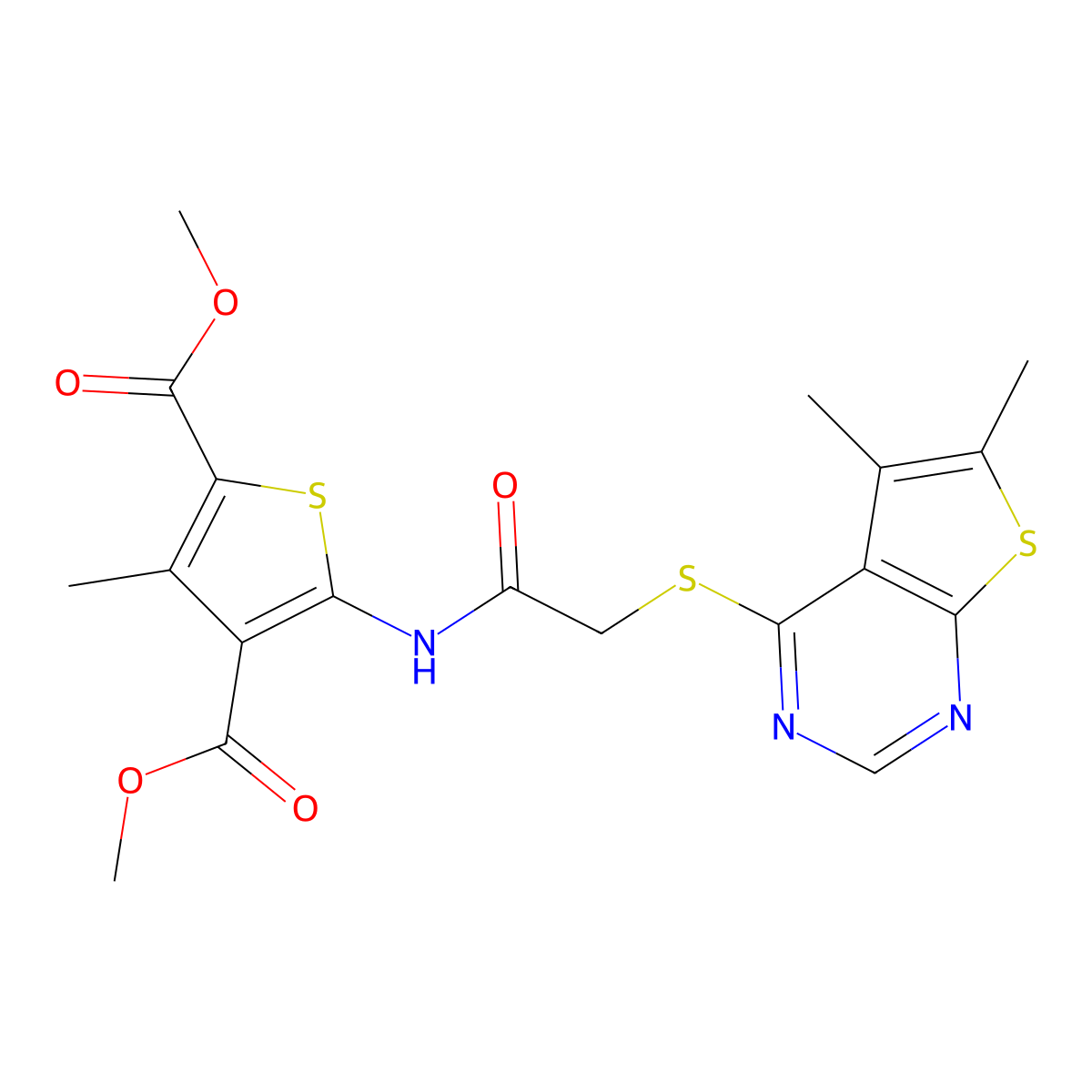 Dimethyl 5-[[2-(5,6-dimethylthieno[2,3-d]pyrimidin-4-yl)sulfanylacetyl]amino]-3-methylthiophene-2,4-dicarboxylate molecular structure, CAS 314260-97-4