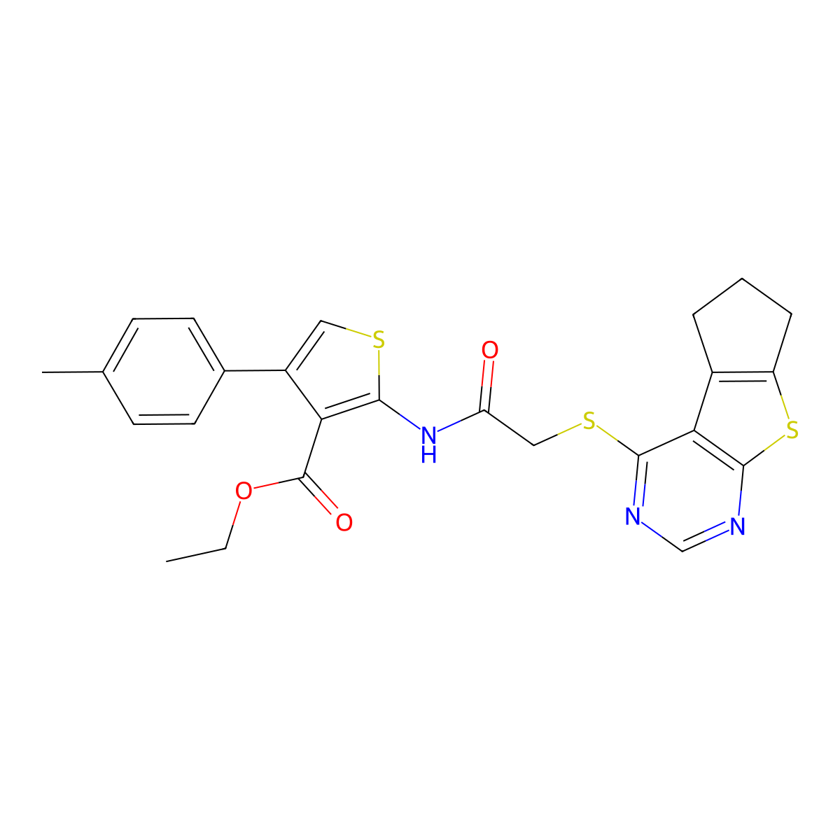 Ethyl 4-(4-methylphenyl)-2-(2-{7-thia-9,11-diazatricyclo[6.4.0.0^{2,6}]dodeca-1(8),2(6),9,11-tetraen-12-ylsulfanyl}acetamido)thiophene-3-carboxylate molecular structure, CAS 314261-03-5