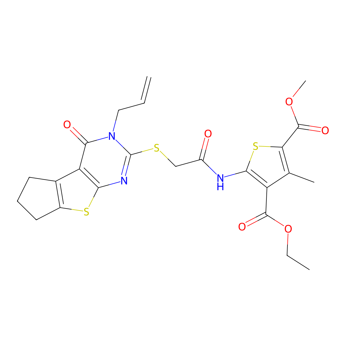 4-ethyl 2-methyl 5-({[(3-allyl-4-oxo-3,5,6,7-tetrahydro-4H-cyclopenta[4,5]thieno[2,3-d]pyrimidin-2-yl)sulfanyl]acetyl}amino)-3-methyl-2,4-thiophenedicarboxylate molecular structure, CAS 314261-32-0