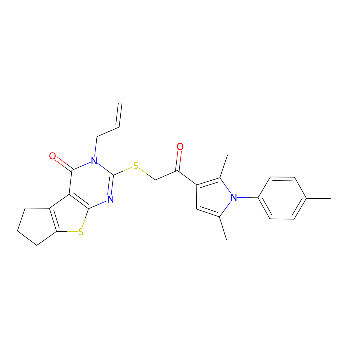 10-({2-[2,5-dimethyl-1-(4-methylphenyl)-1H-pyrrol-3-yl]-2-oxoethyl}sulfanyl)-11-(prop-2-en-1-yl)-7-thia-9,11-diazatricyclo[6.4.0.0^{2,6}]dodeca-1(8),2(6),9-trien-12-one molecular structure, CAS 314261-38-6