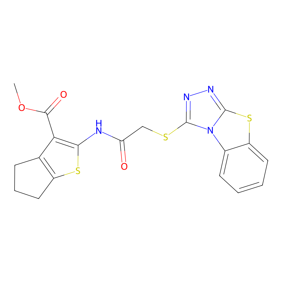 methyl 2-[[2-([1,2,4]triazolo[3,4-b][1,3]benzothiazol-1-ylsulfanyl)acetyl]amino]-5,6-dihydro-4H-cyclopenta[b]thiophene-3-carboxylate molecular structure, CAS 314261-40-0