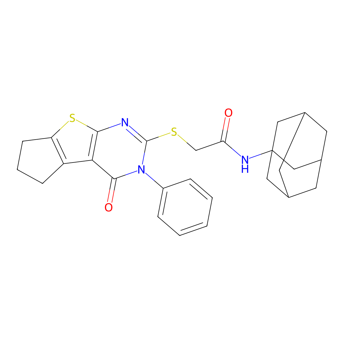 N-((3s,5s,7s)-adamantan-1-yl)-2-((4-oxo-3-phenyl-4,5,6,7-tetrahydro-3H-cyclopenta[4,5]thieno[2,3-d]pyrimidin-2-yl)thio)acetamide molecular structure, CAS 314261-41-1