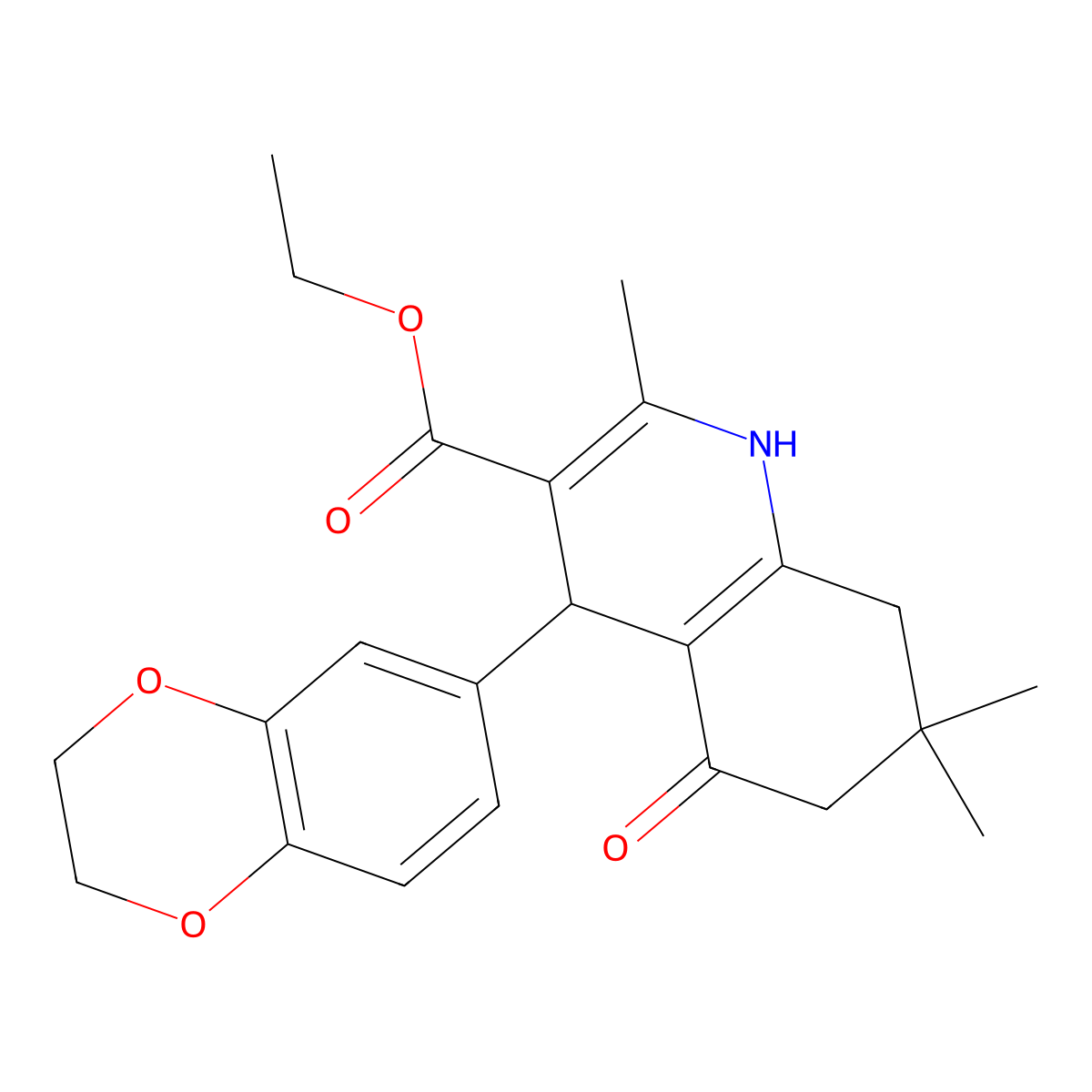 Ethyl 4-(2,3-dihydro-1,4-benzodioxin-6-yl)-2,7,7-trimethyl-5-oxo-1,4,5,6,7,8-hexahydroquinoline-3-carboxylate molecular structure, CAS 314261-61-5