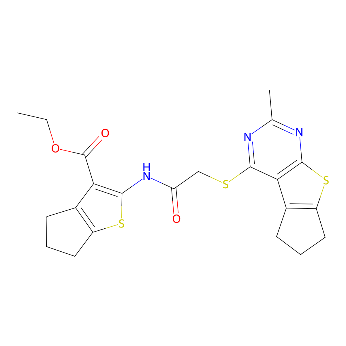 ethyl 2-[2-({10-methyl-7-thia-9,11-diazatricyclo[6.4.0.0^{2,6}]dodeca-1(8),2(6),9,11-tetraen-12-yl}sulfanyl)acetamido]-4H,5H,6H-cyclopenta[b]thiophene-3-carboxylate molecular structure, CAS 314261-71-7