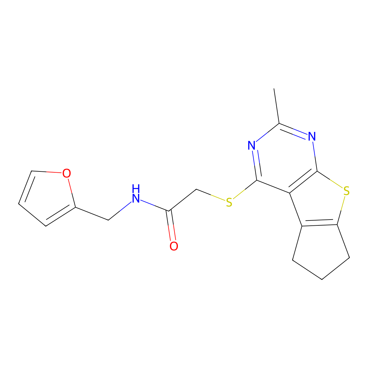 N-(furan-2-ylmethyl)-2-((2-methyl-6,7-dihydro-5H-cyclopenta[4,5]thieno[2,3-d]pyrimidin-4-yl)thio)acetamide molecular structure, CAS 314261-72-8