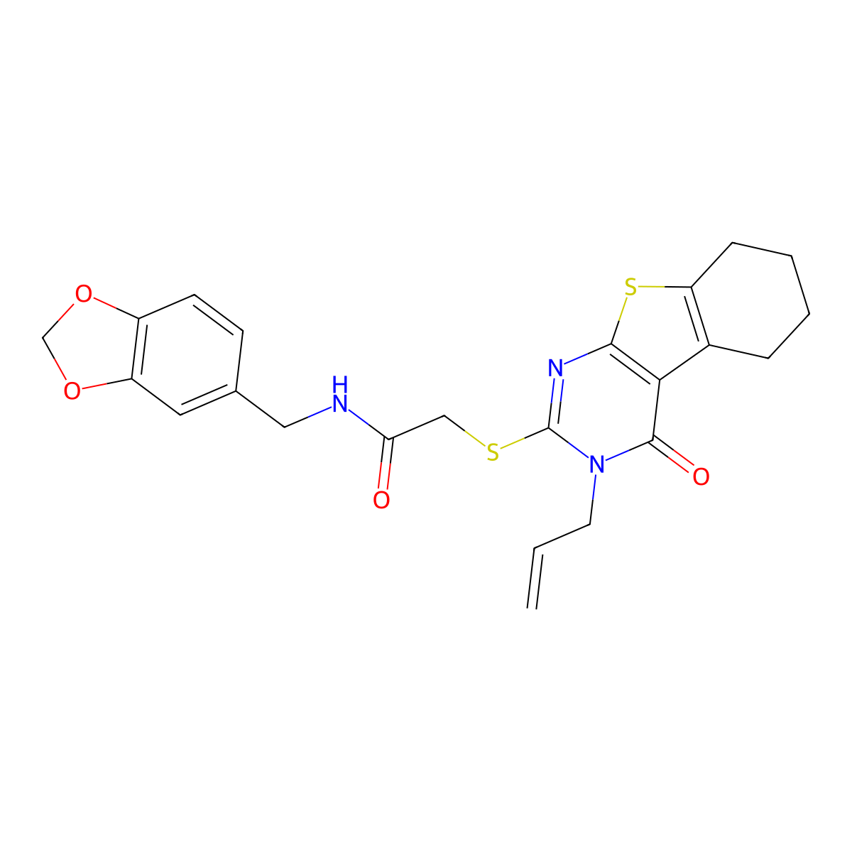 N-(1,3-benzodioxol-5-ylmethyl)-2-[(4-oxo-3-prop-2-enyl-5,6,7,8-tetrahydro-[1]benzothiolo[2,3-d]pyrimidin-2-yl)sulfanyl]acetamide molecular structure, CAS 314261-75-1