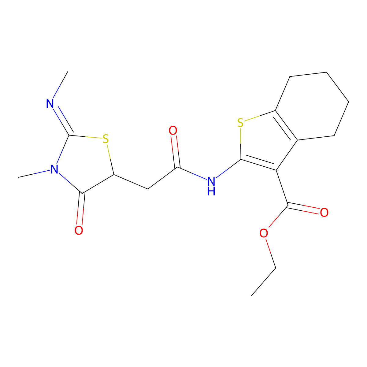(E)-ethyl 2-(2-(3-methyl-2-(methylimino)-4-oxothiazolidin-5-yl)acetamido)-4,5,6,7-tetrahydrobenzo[b]thiophene-3-carboxylate molecular structure, CAS 314279-06-6