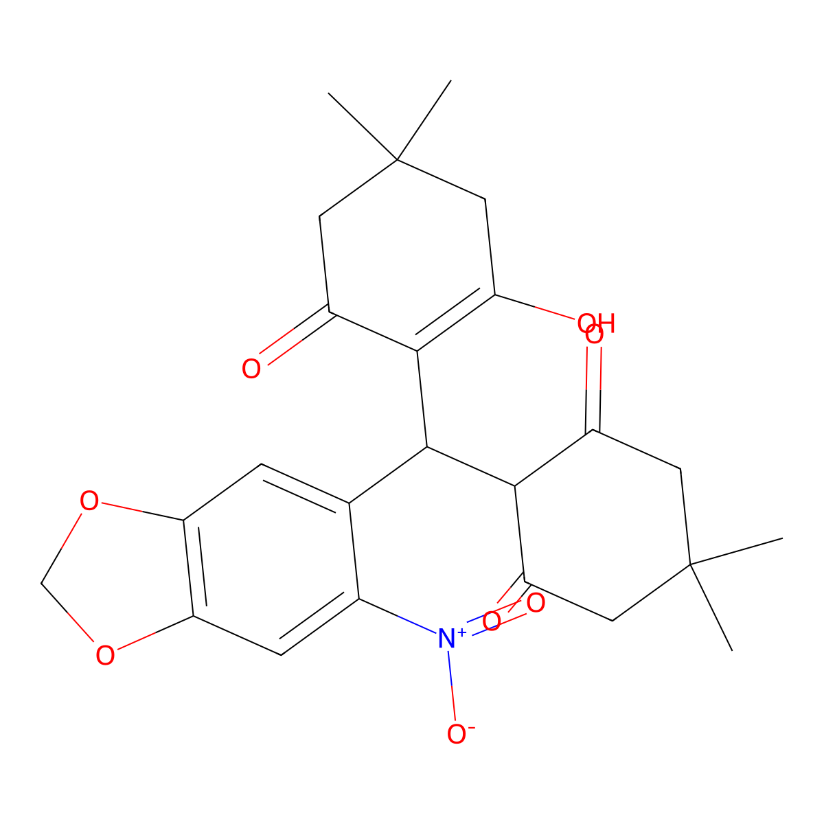 2-[(2-Hydroxy-4,4-dimethyl-6-oxo-1-cyclohexen-1-yl)(6-nitro-1,3-benzodioxol-5-yl)methyl]-5,5-dimethyl-1,3-cyclohexanedione molecular structure, CAS 314282-22-9