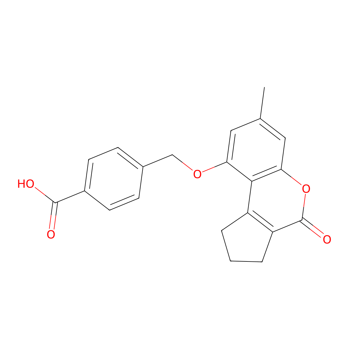 4-(((7-Methyl-4-oxo-1,2,3,4-tetrahydrocyclopenta[c]chromen-9-yl)oxy)methyl)benzoic acid molecular structure, CAS 314744-39-3