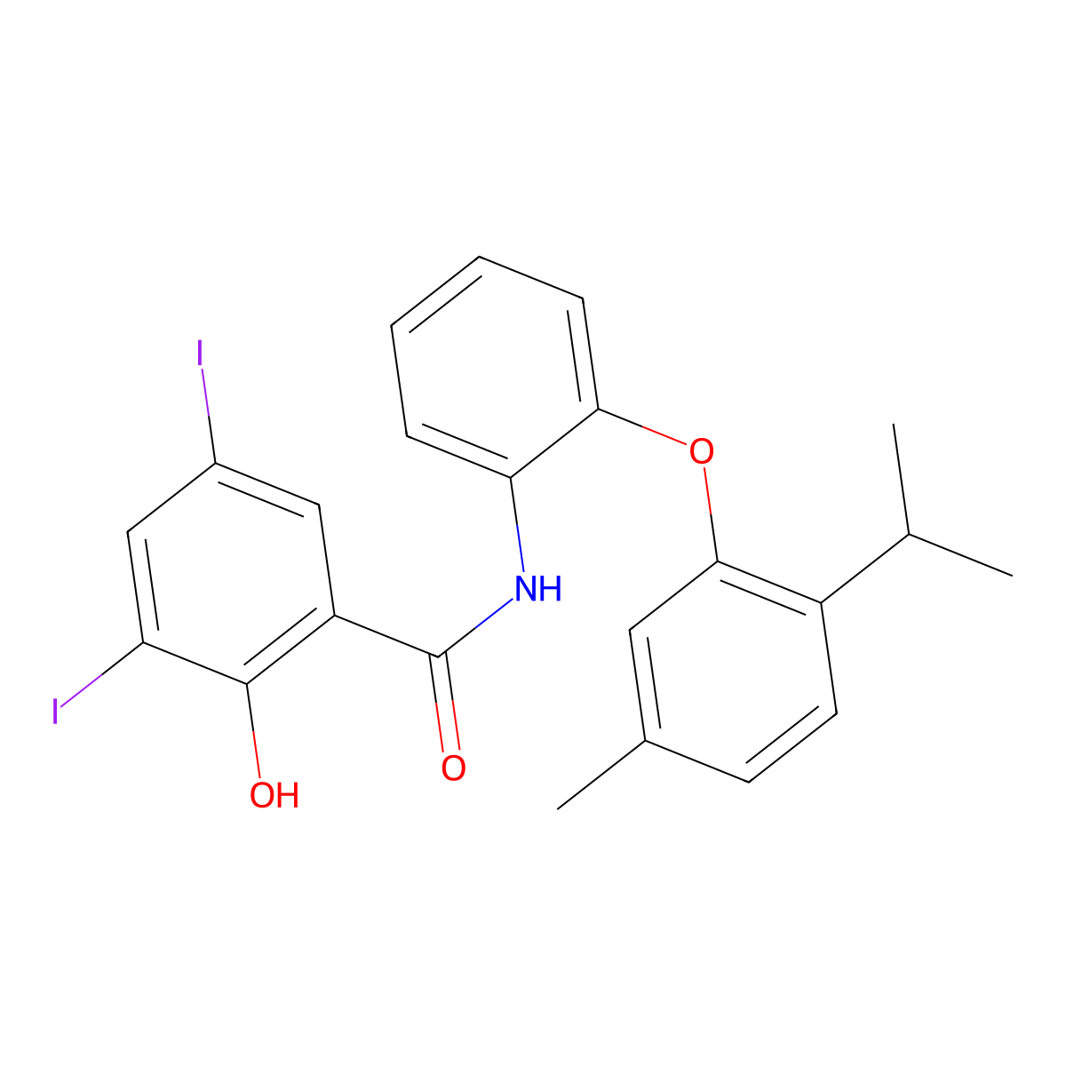 2-hydroxy-3,5-diiodo-N-[2-(5-methyl-2-propan-2-ylphenoxy)phenyl]benzamide molecular structure, CAS 314754-50-2