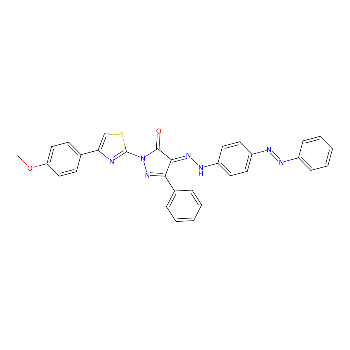 1H-Pyrazole-4,5-dione, 1-[4-(4-methoxyphenyl)-2-thiazolyl]-3-phenyl-, 4-[2-[4-(2-phenyldiazenyl)phenyl]hydrazone] molecular structure, CAS 314759-47-2