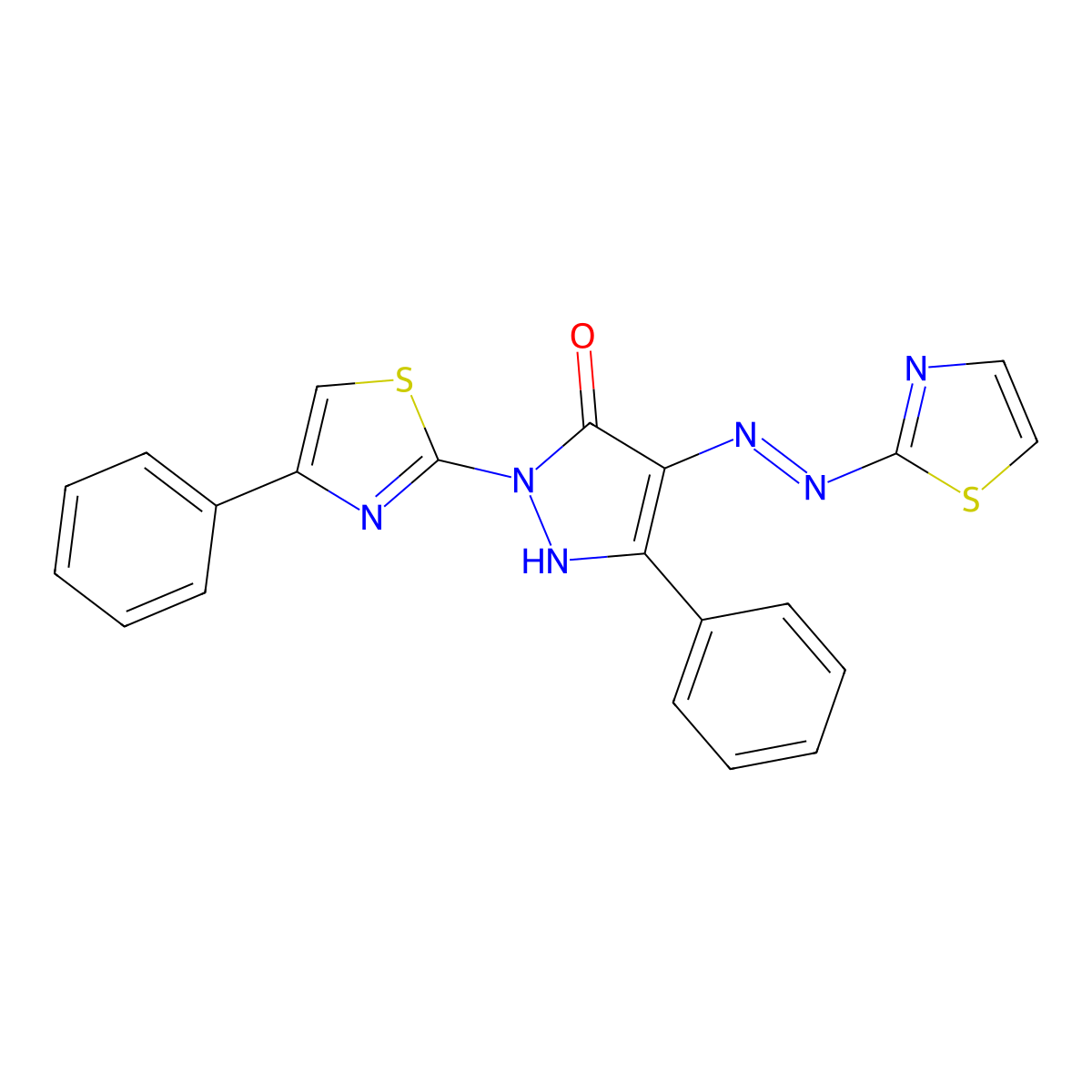 (4E)-5-phenyl-2-(4-phenyl-1,3-thiazol-2-yl)-4-(1,3-thiazol-2-ylhydrazinylidene)pyrazol-3-one molecular structure, CAS 314761-14-3
