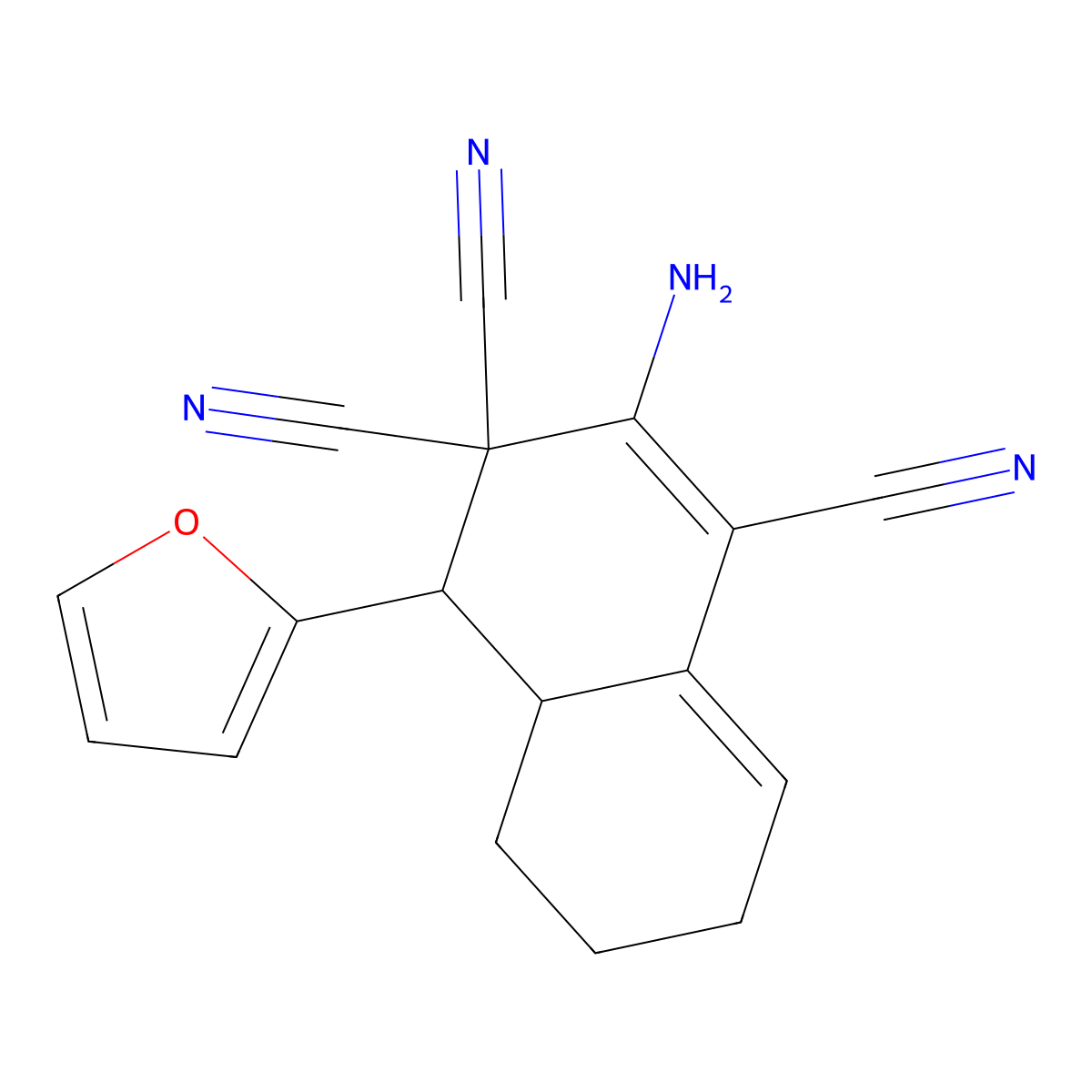 2-amino-4-(2-furyl)-4a,5,6,7-tetrahydro-1,3,3(4H)-naphthalenetricarbonitrile molecular structure, CAS 314767-57-2