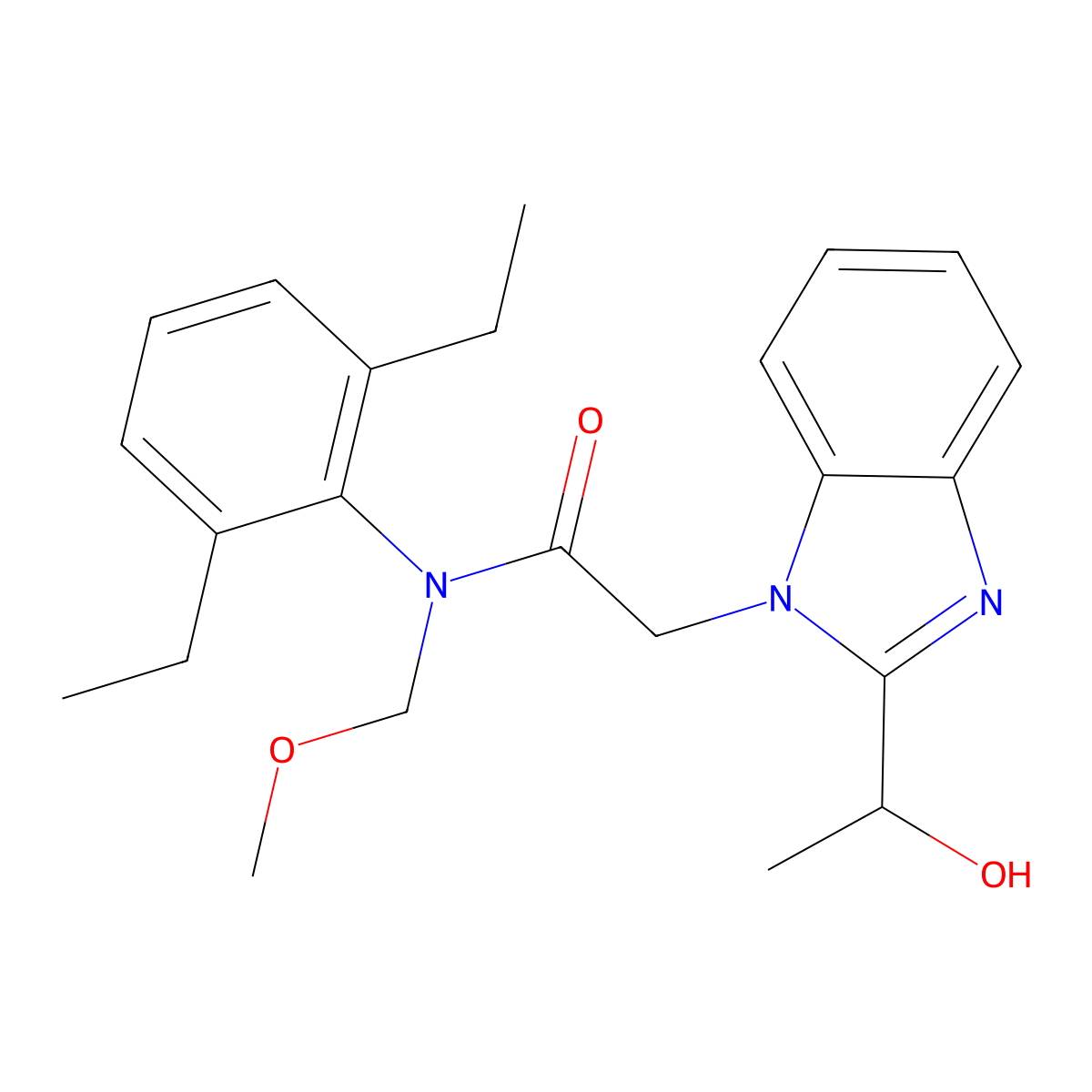 N-(2,6-Diethyl-phenyl)-2-[2-(1-hydroxy-ethyl)-benzoimidazol-1-yl]-N-methoxymethyl-acetamide molecular structure, CAS 314769-77-2