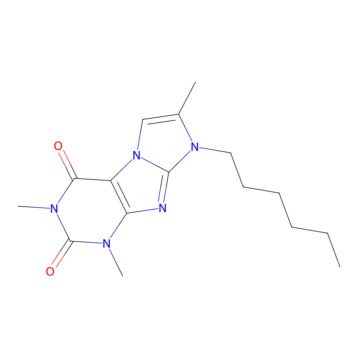 8-hexyl-1,3,7-trimethyl-1H-imidazo[2,1-f]purine-2,4(3H,8H)-dione molecular structure, CAS 31488-07-0