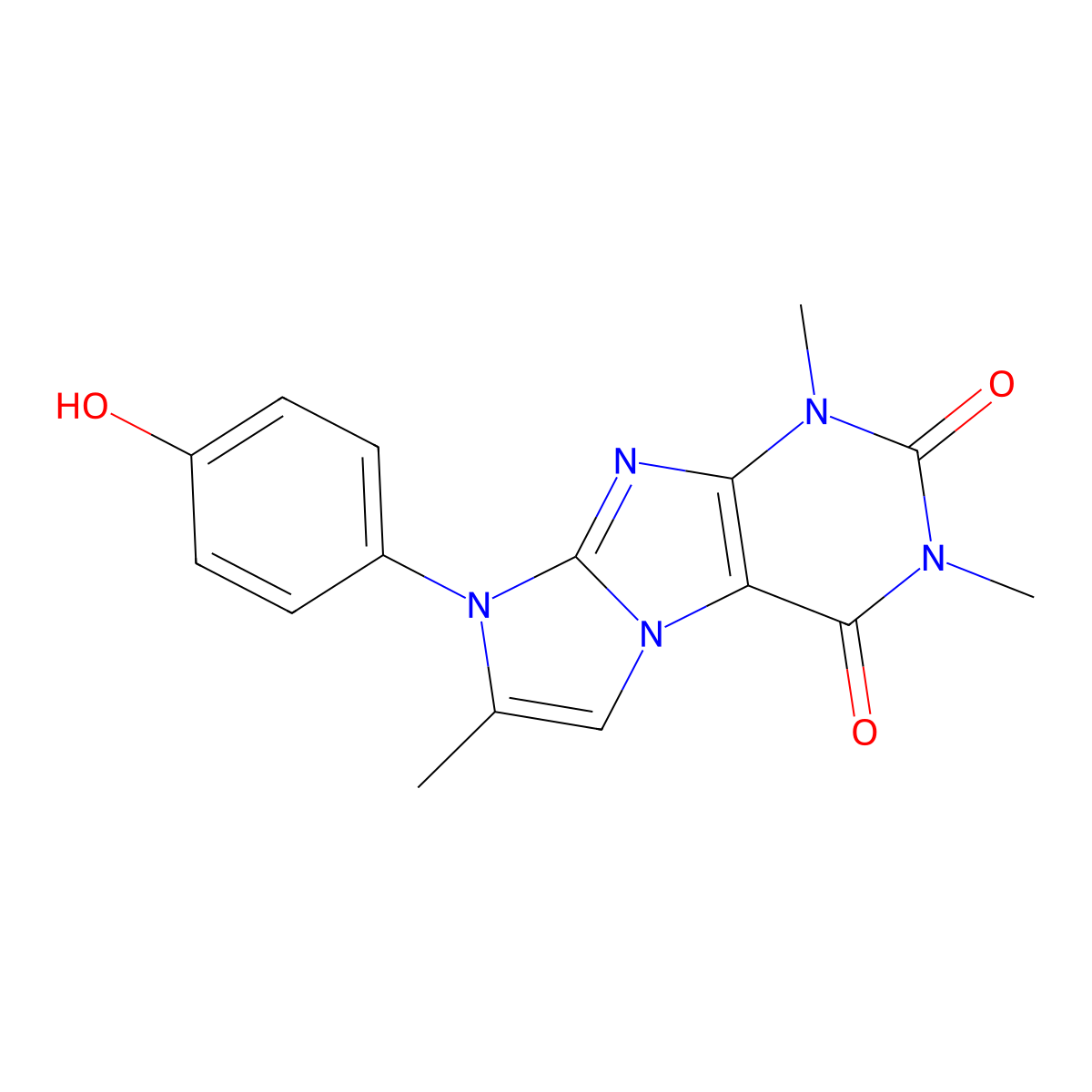 8-(4-hydroxyphenyl)-1,3,7-trimethyl-1H-imidazo[2,1-f]purine-2,4(3H,8H)-dione molecular structure, CAS 31488-12-7