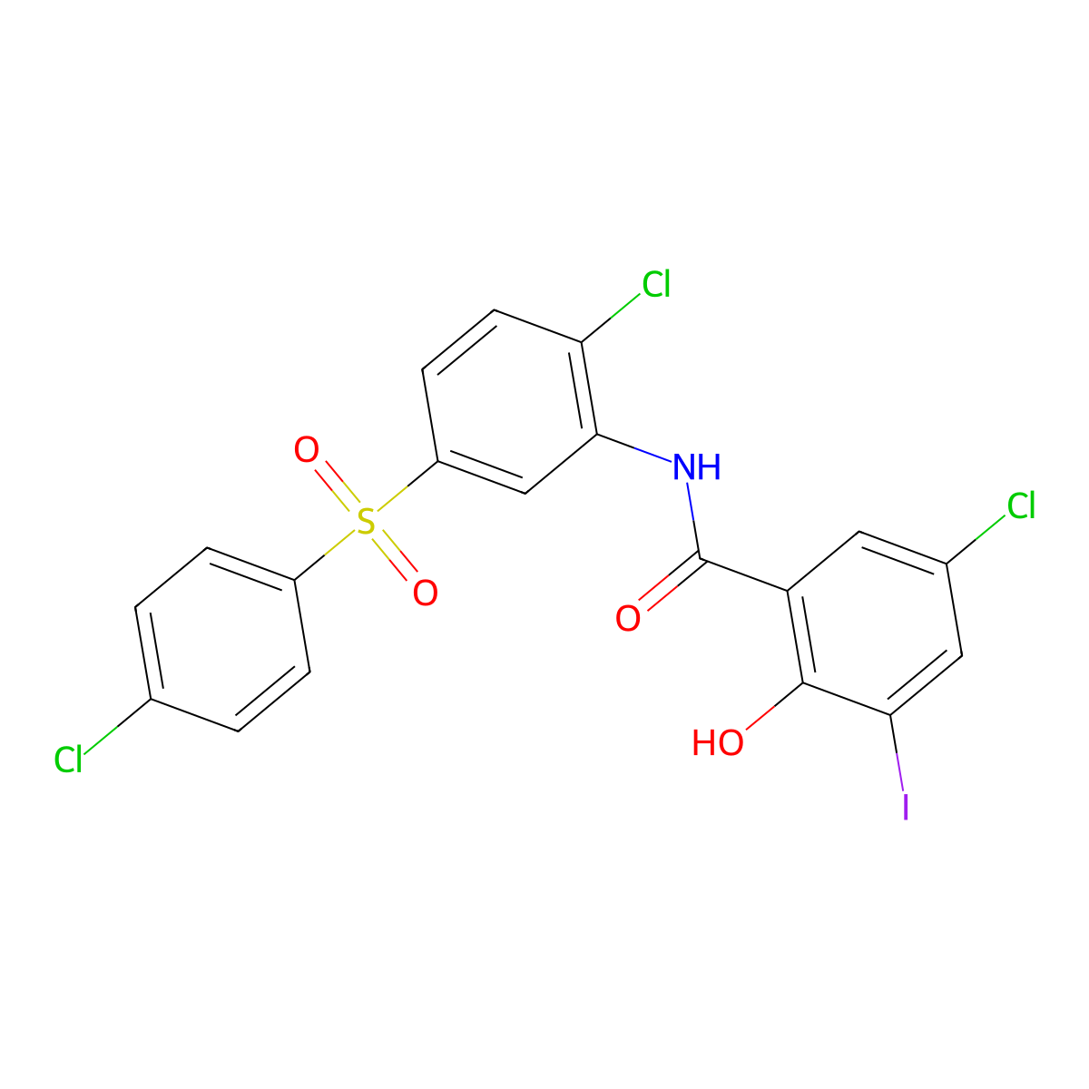 3-iodo-5-chloro-N-(2-chloro-5-((4-chlorophenyl)sulphonyl)phenyl)-2-hydroxybenzamide molecular structure, CAS 315195-18-7
