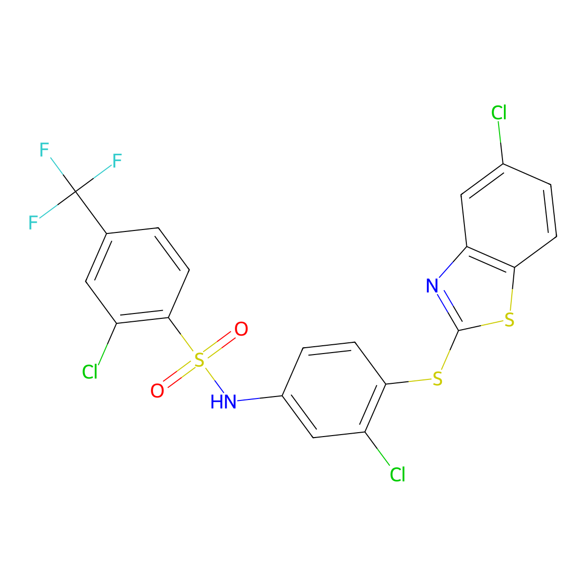 2-chloro-N-{3-chloro-4-[(5-chloro-1,3-benzothiazol-2-yl)sulfanyl]phenyl}-4-(trifluoromethyl)benzenesulfonamide molecular structure, CAS 315222-83-4