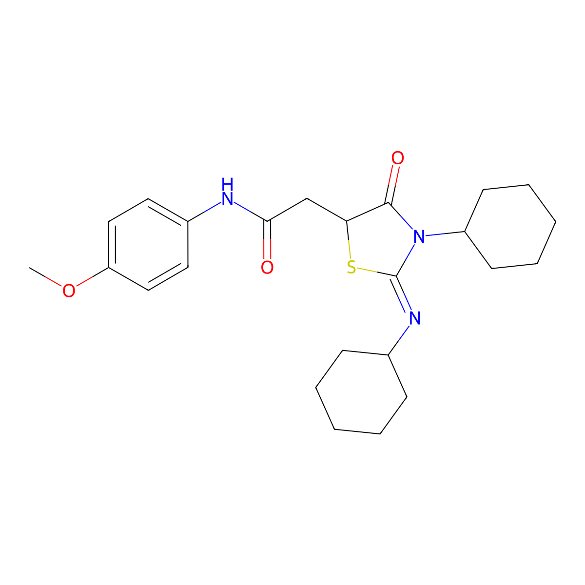 2-[(2Z)-3-cyclohexyl-2-(cyclohexylimino)-4-oxo-1,3-thiazolidin-5-yl]-N-(4-methoxyphenyl)acetamide molecular structure, CAS 315234-65-2
