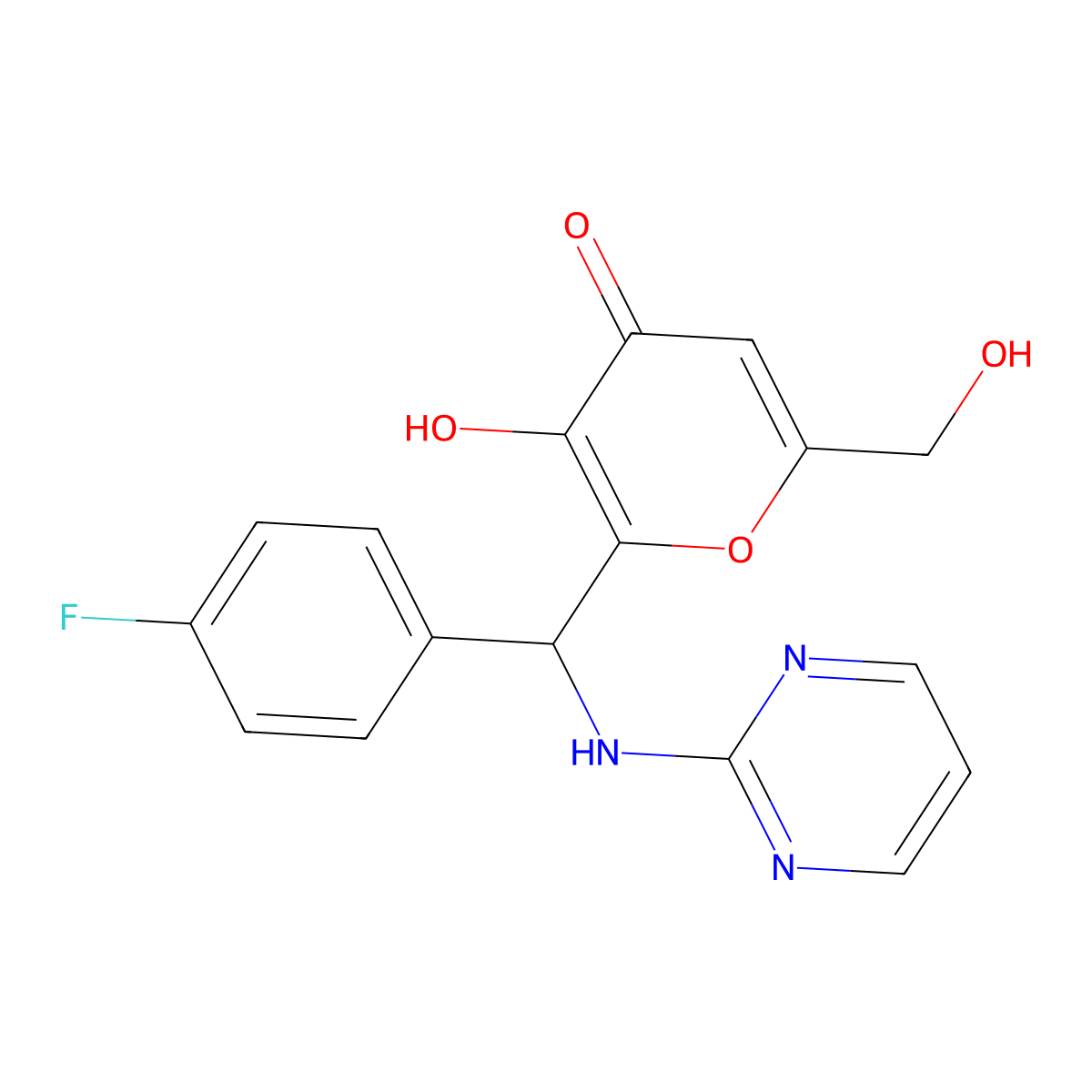 2-[(4-Fluorophenyl)-(pyrimidin-2-ylamino)methyl]-3-hydroxy-6-(hydroxymethyl)pyran-4-one molecular structure, CAS 315234-71-0