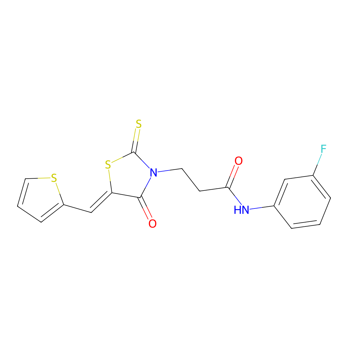 N-(3-Fluorophenyl)-3-(4-oxo-5-(thiophen-2-ylmethylene)-2-thioxothiazolidin-3-yl)propanamide molecular structure, CAS 315235-68-8
