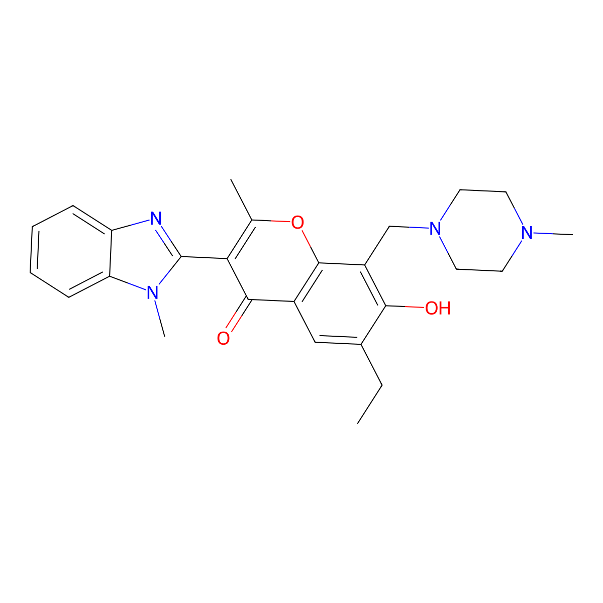 6-Ethyl-7-hydroxy-2-methyl-3-(1-methylbenzimidazol-2-yl)-8-[(4-methylpiperazin-1-yl)methyl]chromen-4-one molecular structure, CAS 315237-48-0