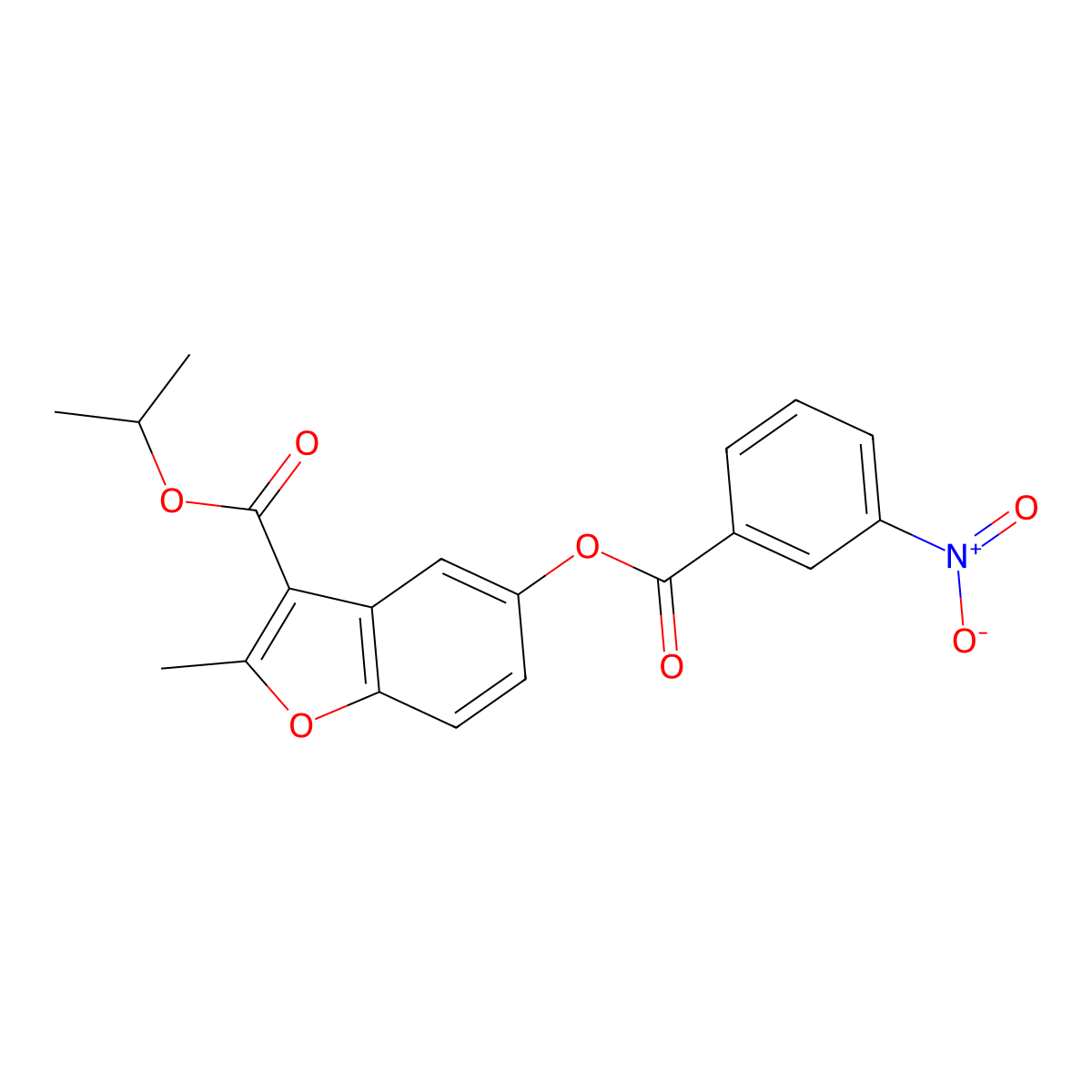 Isopropyl 2-methyl-5-((3-nitrobenzoyl)oxy)benzofuran-3-carboxylate molecular structure, CAS 315237-76-4