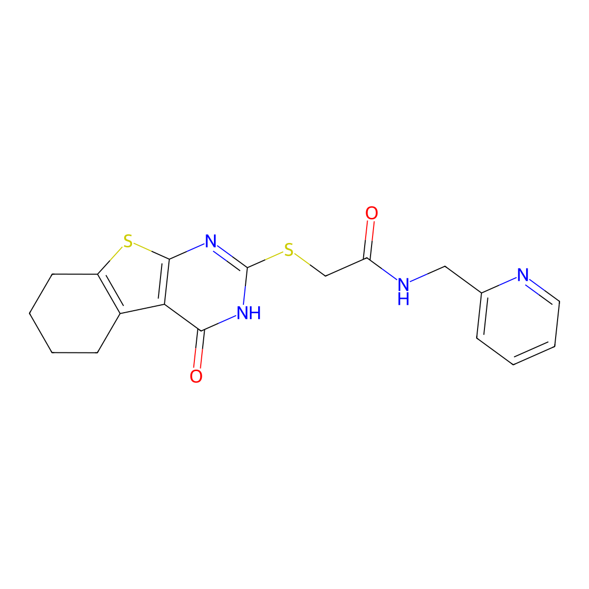 2-[(4-hydroxy-5,6,7,8-tetrahydro[1]benzothieno[2,3-d]pyrimidin-2-yl)sulfanyl]-N-(pyridin-2-ylmethyl)acetamide molecular structure, CAS 315239-06-6