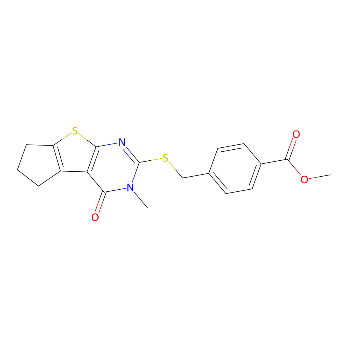 methyl 4-(((3-methyl-4-oxo-4,5,6,7-tetrahydro-3H-cyclopenta[4,5]thieno[2,3-d]pyrimidin-2-yl)thio)methyl)benzoate molecular structure, CAS 315239-36-2