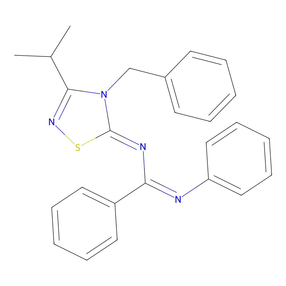 N-(4-benzyl-3-propan-2-yl-1,2,4-thiadiazol-5-ylidene)-N'-phenylbenzenecarboximidamide molecular structure, CAS 315242-52-5