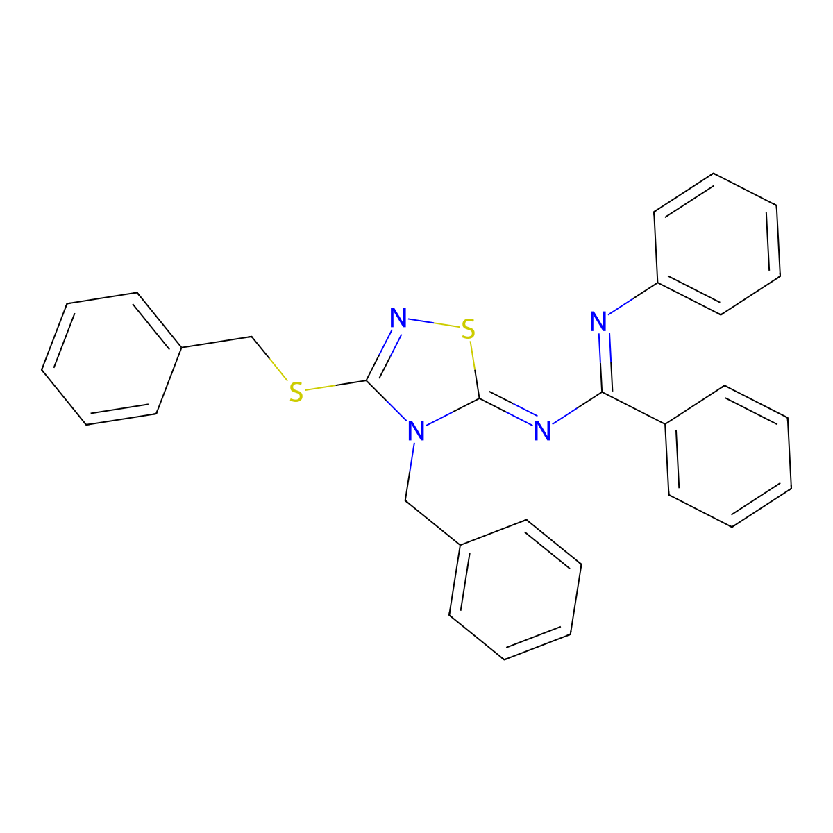 N-(4-benzyl-3-benzylsulfanyl-1,2,4-thiadiazol-5-ylidene)-N'-phenylbenzenecarboximidamide molecular structure, CAS 315242-53-6