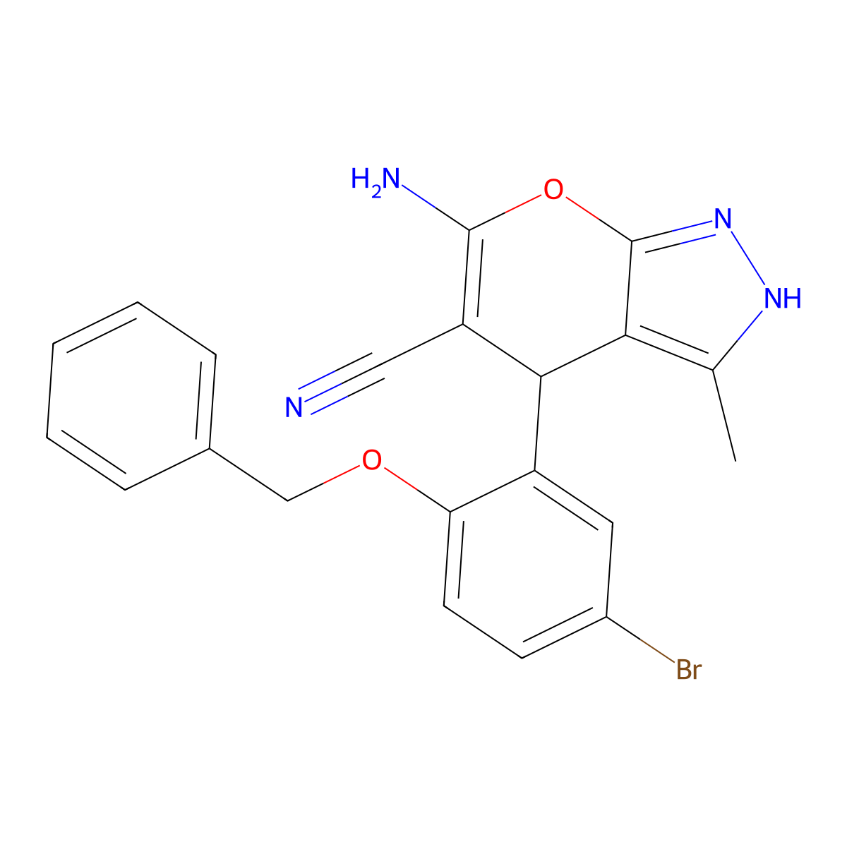 6-Amino-4-(2-(benzyloxy)-5-bromophenyl)-3-methyl-1,4-dihydropyrano[2,3-c]pyrazole-5-carbonitrile molecular structure, CAS 315244-84-9