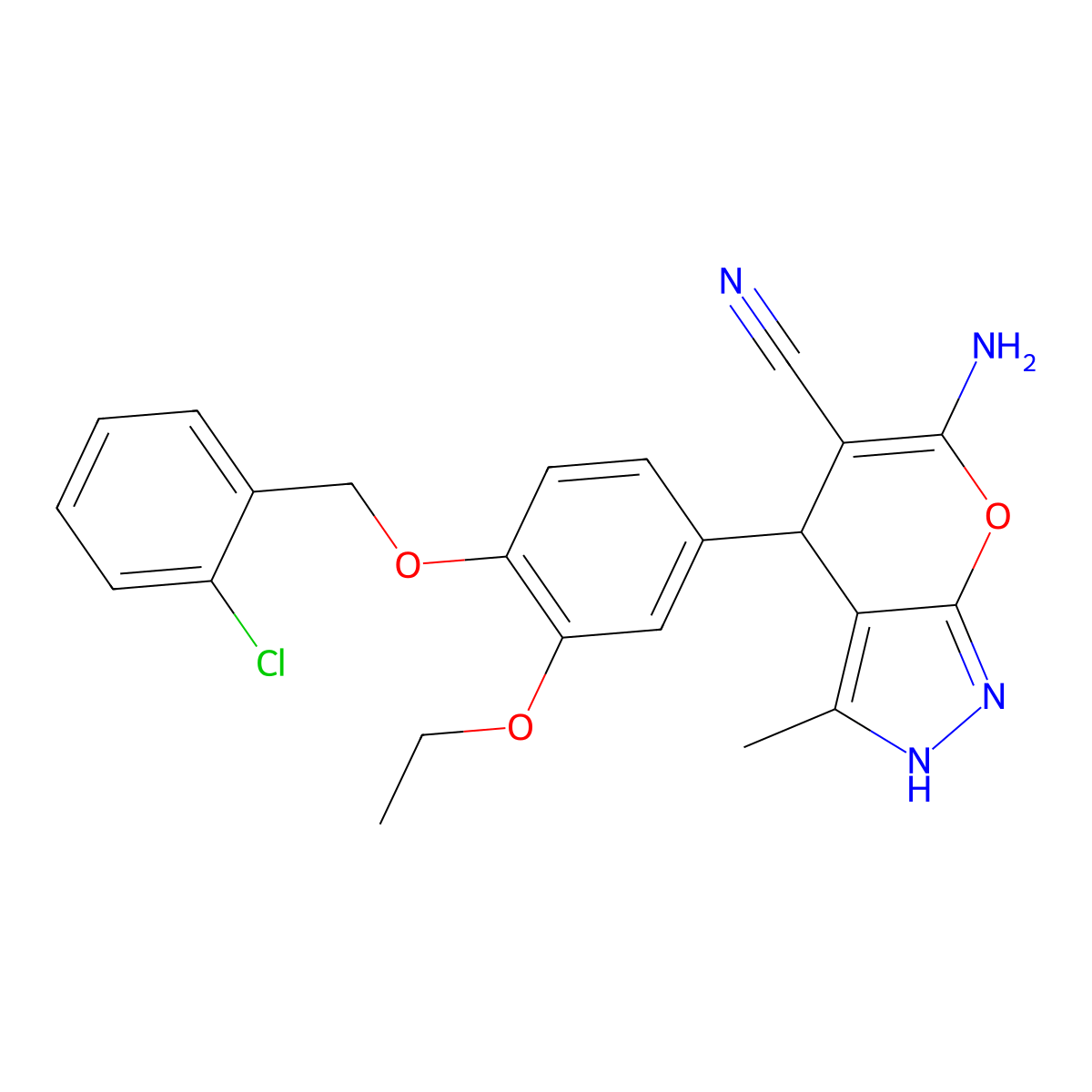 6-Amino-4-{4-[(2-chlorobenzyl)oxy]-3-ethoxyphenyl}-3-methyl-1,4-dihydropyrano[2,3-c]pyrazole-5-carbonitrile molecular structure, CAS 315244-90-7
