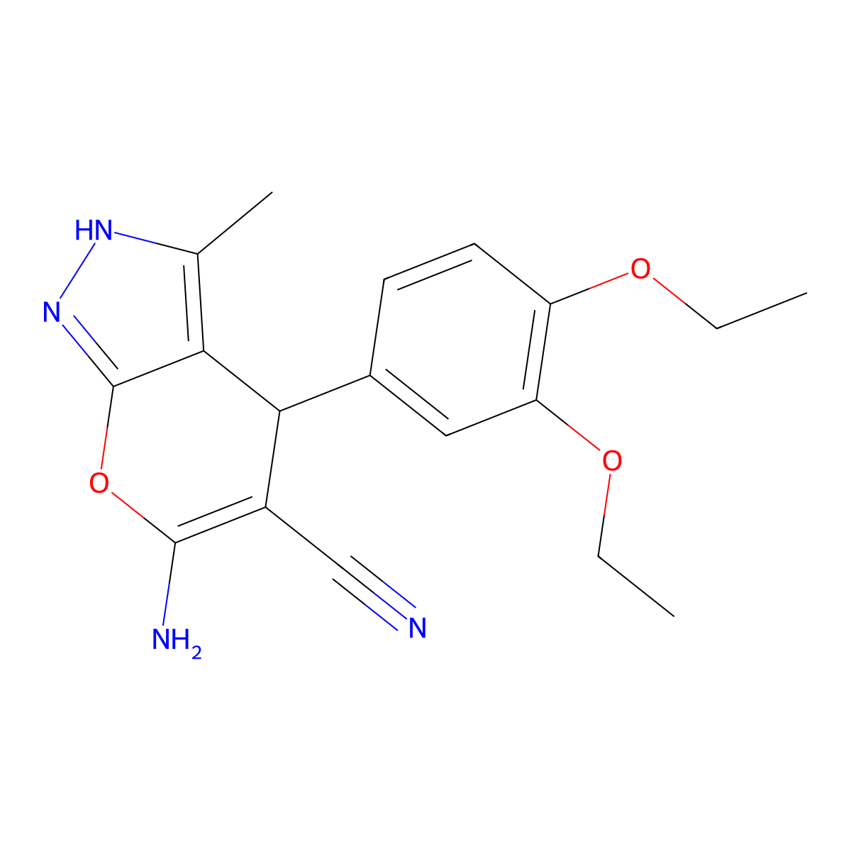 6-Amino-4-(3,4-diethoxyphenyl)-3-methyl-1,4-dihydropyrano[2,3-c]pyrazole-5-carbonitrile molecular structure, CAS 315244-91-8