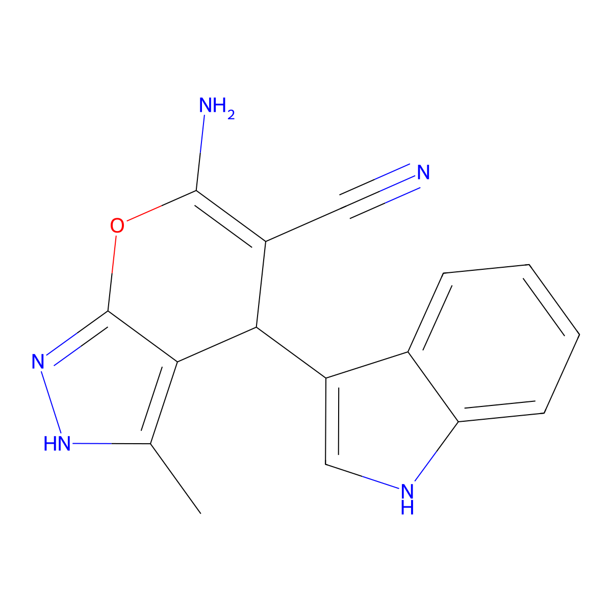 6-amino-4-(1H-indol-3-yl)-3-methyl-1,4-dihydropyrano[2,3-c]pyrazole-5-carbonitrile molecular structure, CAS 315244-93-0