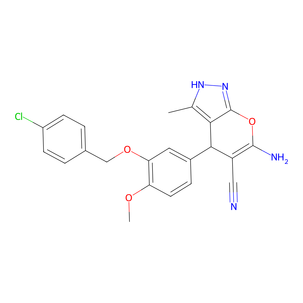 6-Amino-4-{3-[(4-chlorobenzyl)oxy]-4-methoxyphenyl}-3-methyl-1,4-dihydropyrano[2,3-c]pyrazole-5-carbonitrile molecular structure, CAS 315244-94-1