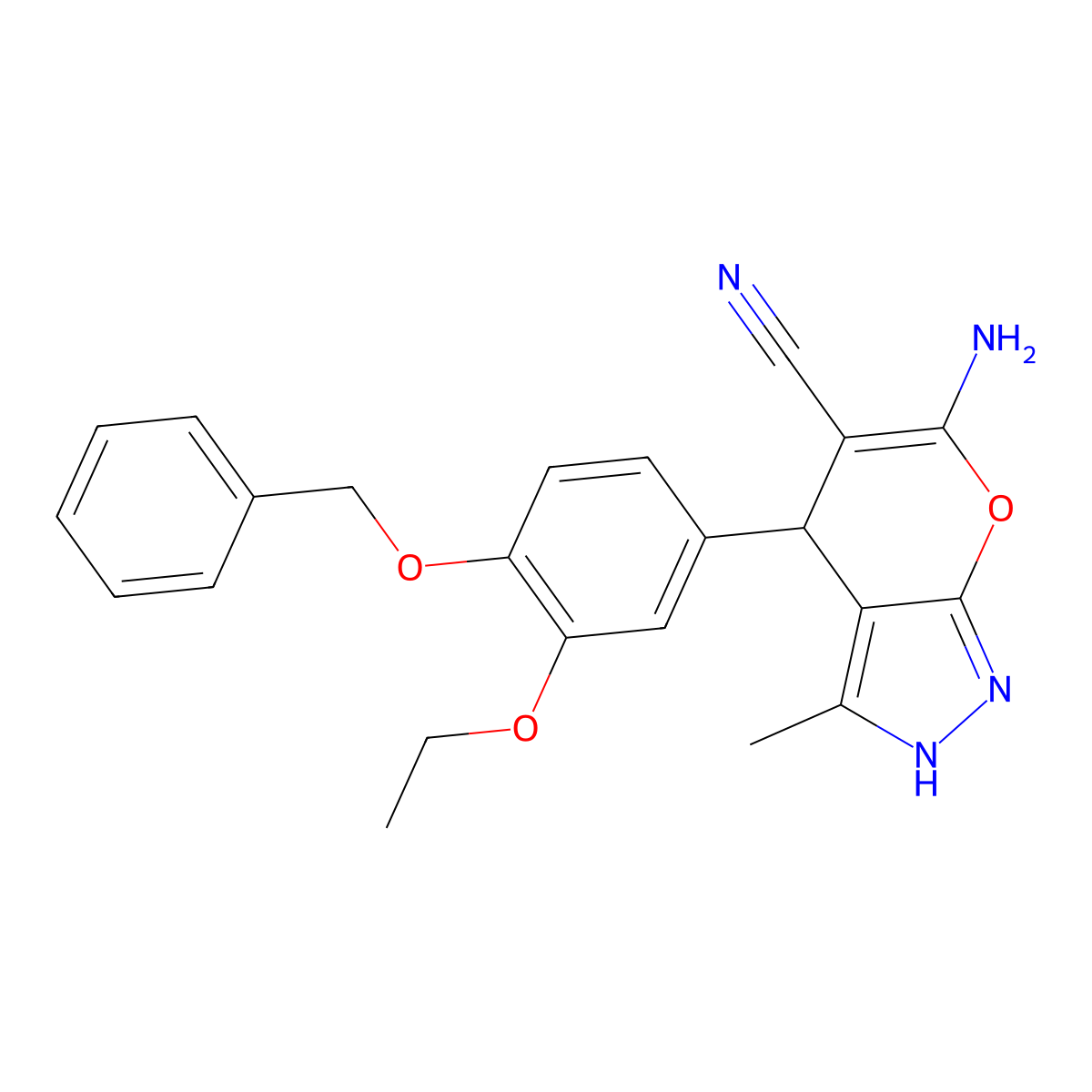 6-Amino-4-(4-(benzyloxy)-3-ethoxyphenyl)-3-methyl-1,4-dihydropyrano[2,3-c]pyrazole-5-carbonitrile molecular structure, CAS 315244-98-5
