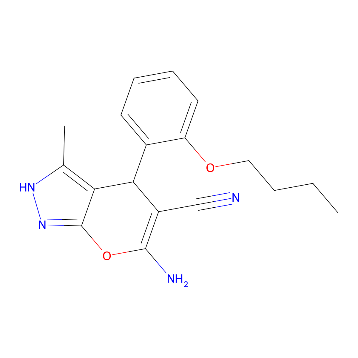 6-Amino-4-(2-butoxyphenyl)-3-methyl-1,4-dihydropyrano[2,3-c]pyrazole-5-carbonitrile molecular structure, CAS 315244-99-6