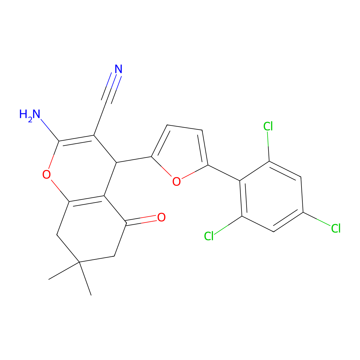 2-Amino-5,6,7,8-tetrahydro-7,7-dimethyl-5-oxo-4-(5-(2,4,6-trichlorophenyl)-2-furanyl)-4H-1-benzopyran-3-carbonitrile molecular structure, CAS 315245-02-4
