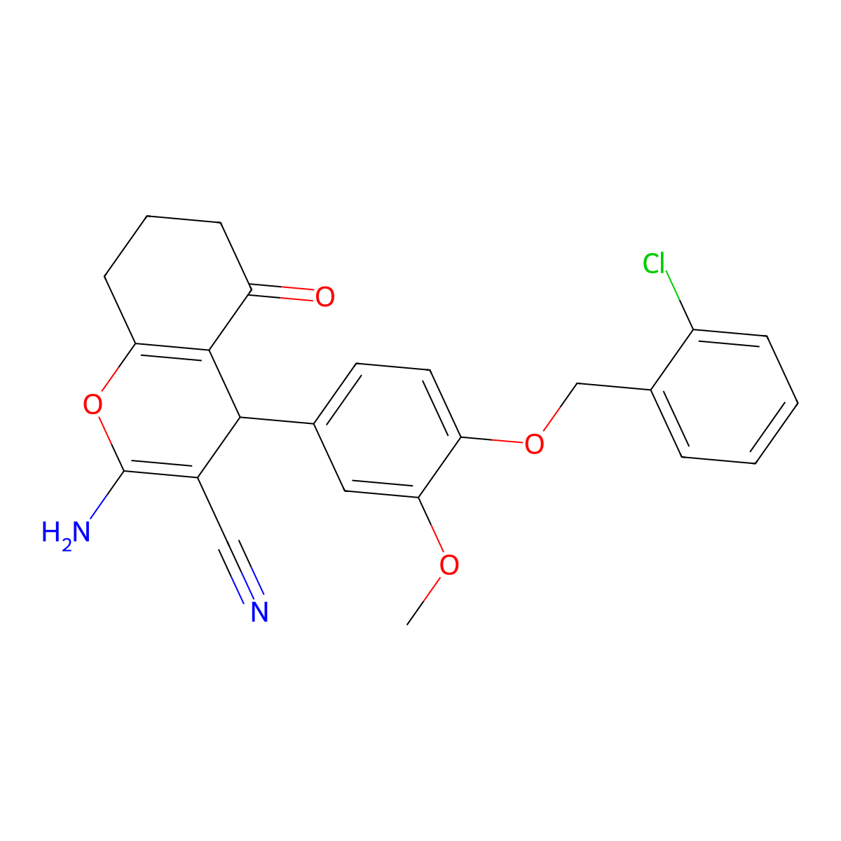2-Amino-4-(4-((2-chlorobenzyl)oxy)-3-methoxyphenyl)-5-oxo-5,6,7,8-tetrahydro-4H-chromene-3-carbonitrile molecular structure, CAS 315245-11-5
