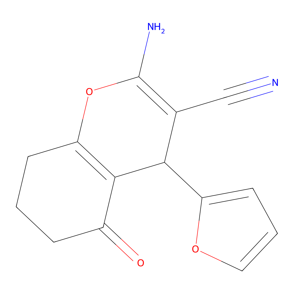 2-Amino-4-(2-furanyl)-5,6,7,8-tetrahydro-5-oxo-4H-1-benzopyran-3-carbonitrile molecular structure, CAS 315245-12-6