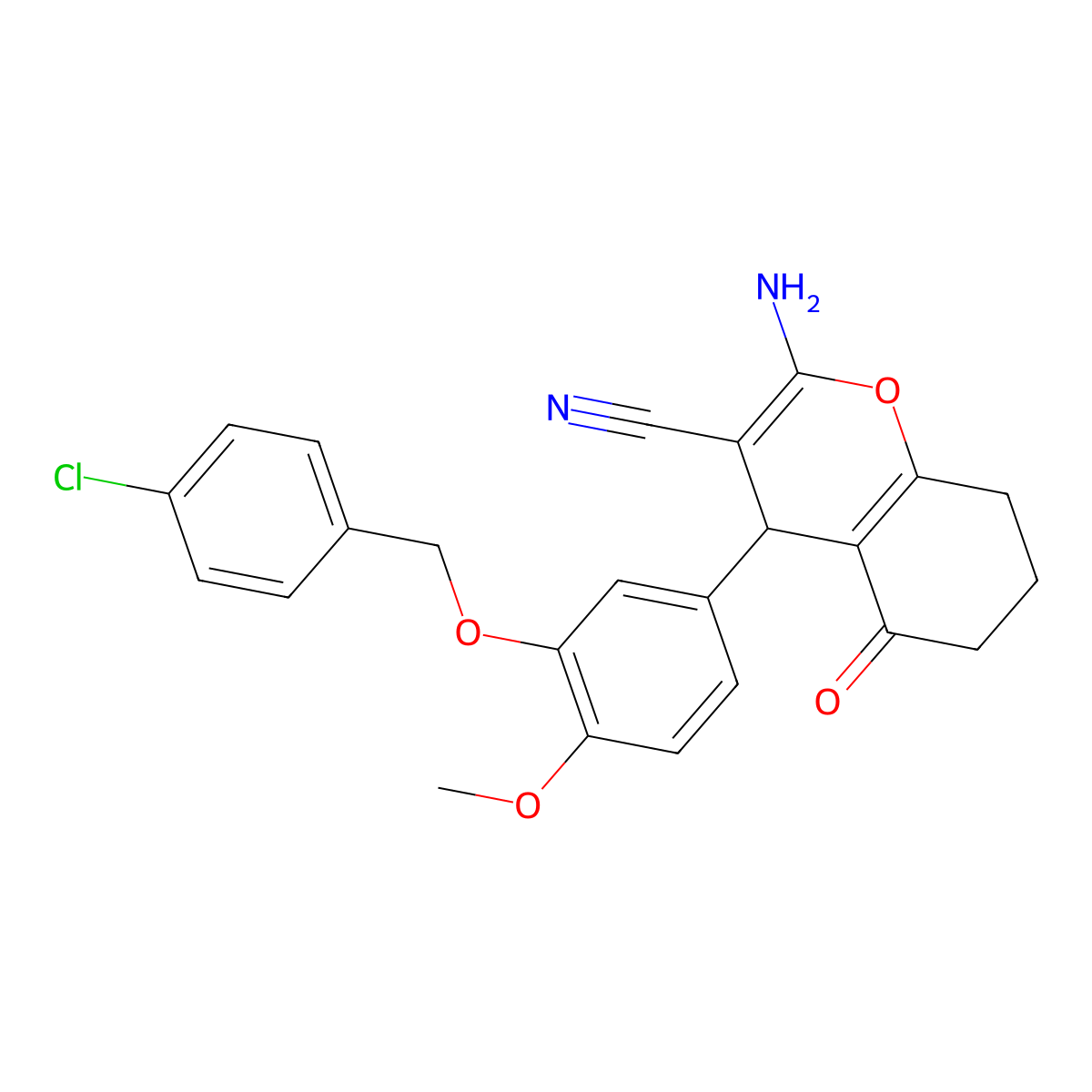 2-Amino-4-[3-[(4-chlorophenyl)methoxy]-4-methoxyphenyl]-5-oxo-4,6,7,8-tetrahydrochromene-3-carbonitrile molecular structure, CAS 315245-19-3