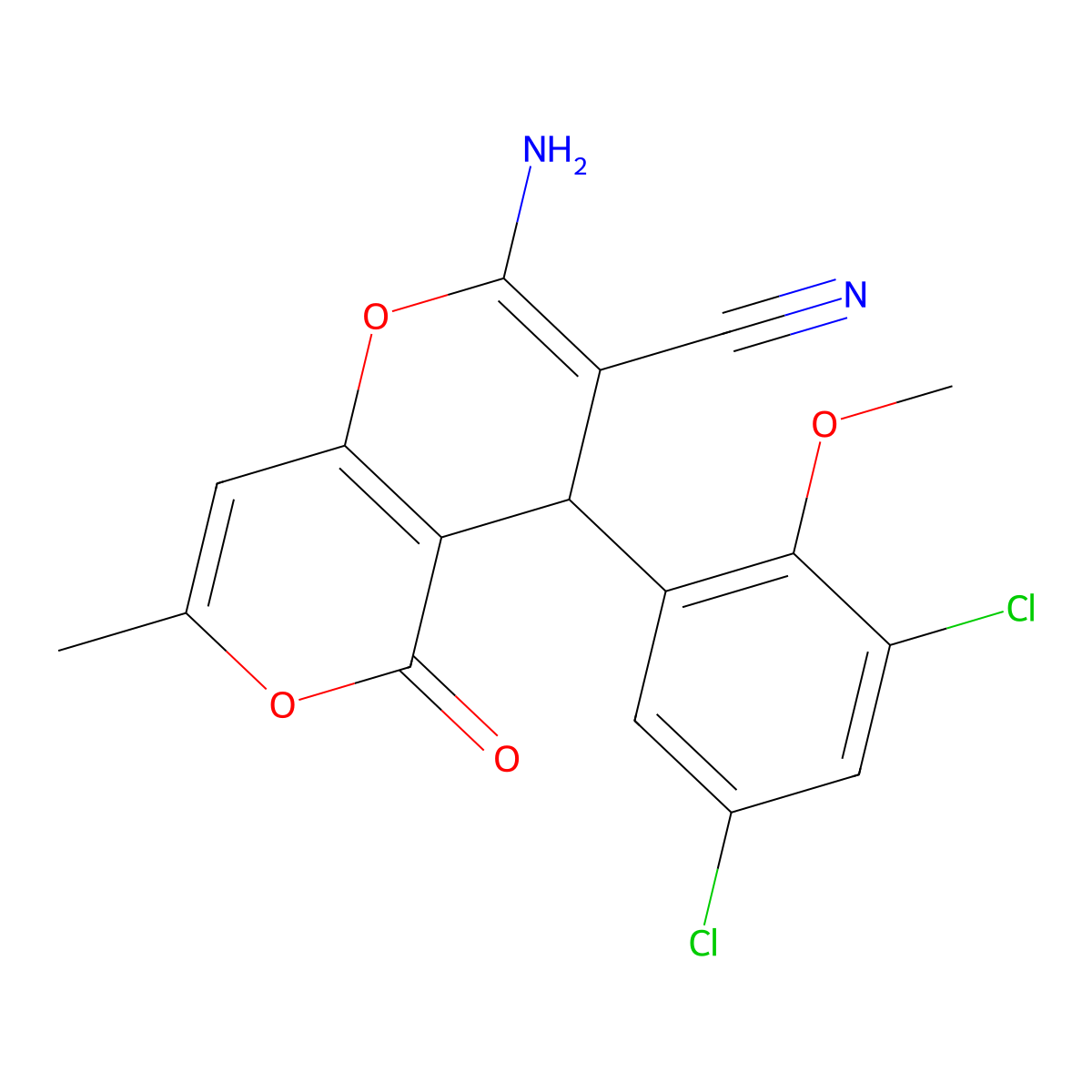 2-amino-4-(3,5-dichloro-2-methoxyphenyl)-7-methyl-5-oxo-4H-pyrano[3,2-c]pyran-3-carbonitrile molecular structure, CAS 315245-98-8